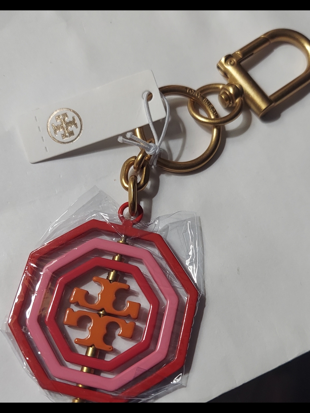 Tory Burch Red And Pink Enamel Octagon Key Fob